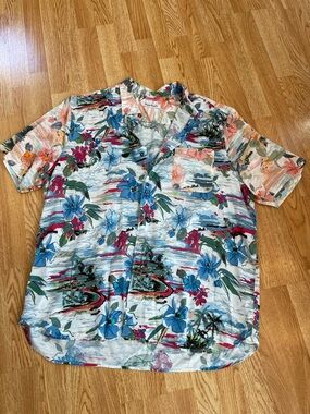 Tommy Bahama Tropical Floral Camp Shirt - Blue, Coral & Green Print